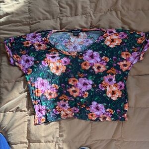 Wet Seal Floral Crop Top - Pink and Orange on Green